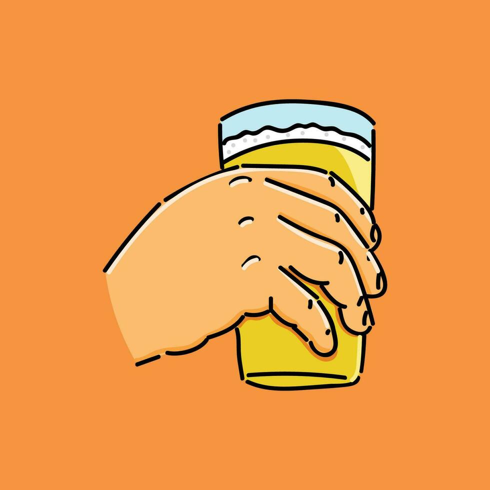 hand hold beer in orange background vector illustration design