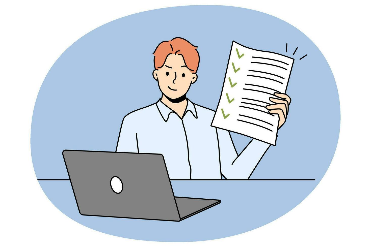Happy man showing filled form vector