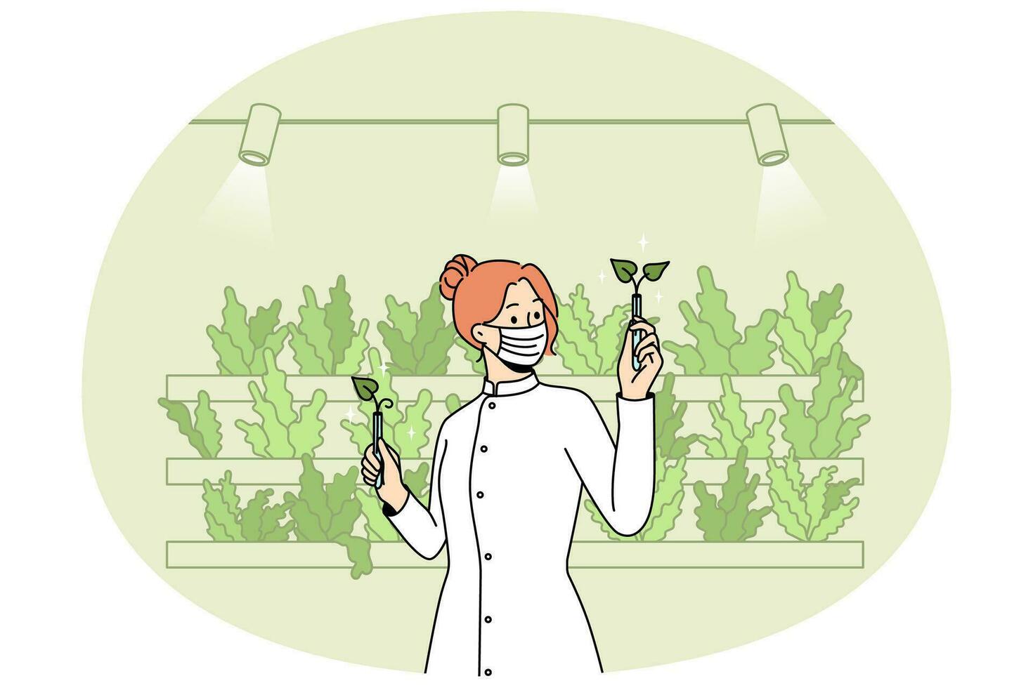 Scientist working with plants in greenhouse vector