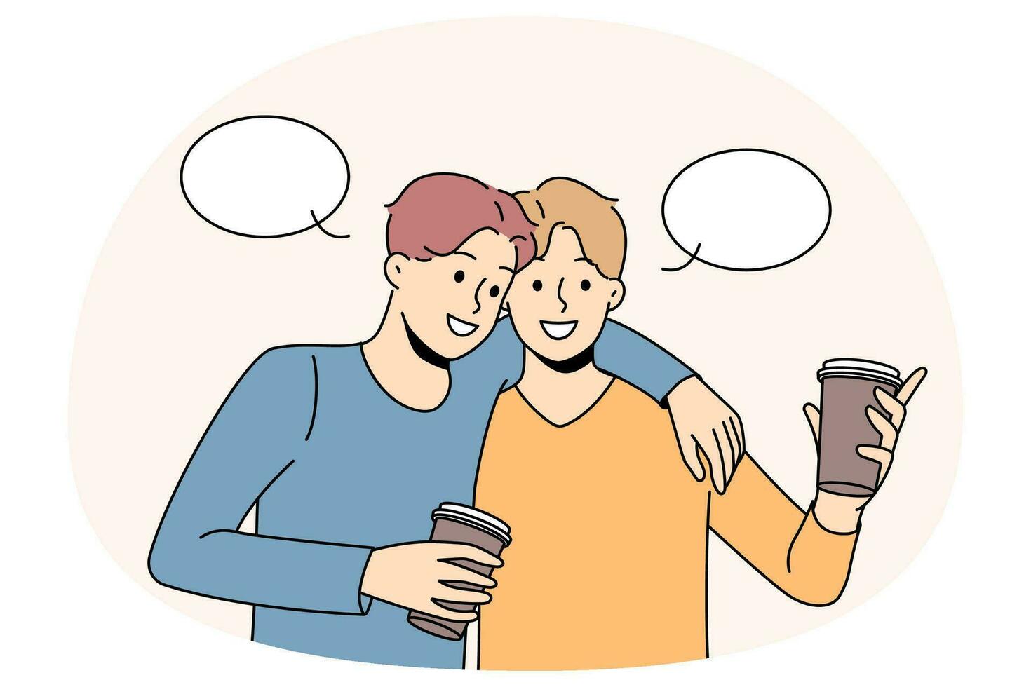 Happy guys hug having coffee vector