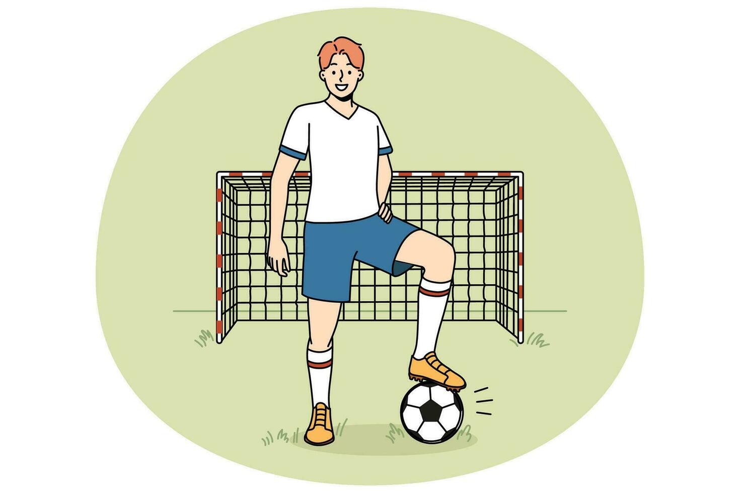 Smiling football player with ball on field vector