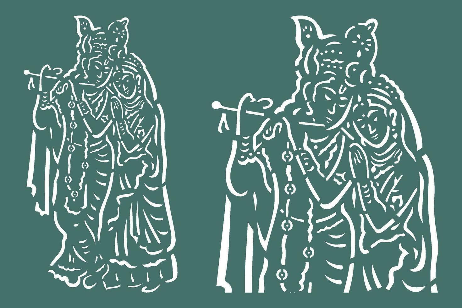 God Krishna and his beloved Radha stand gently embracing, with a flute in their hands. vector