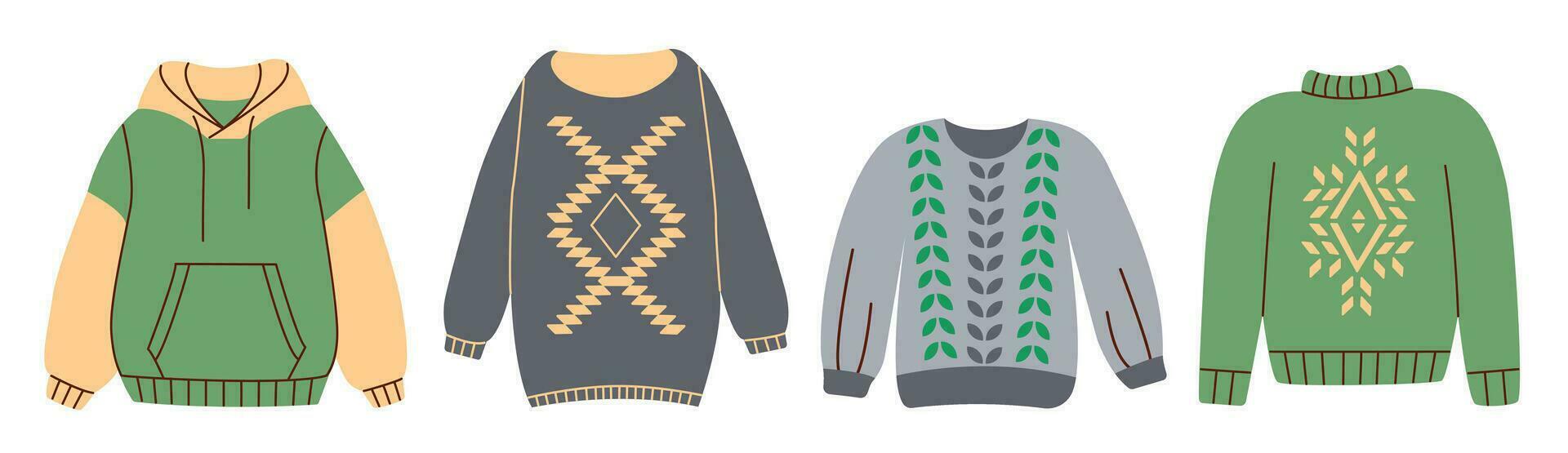 Set of sweaters or jumpers isolated on white background. Collection of seasonal warm autumn clothing with prints. vector