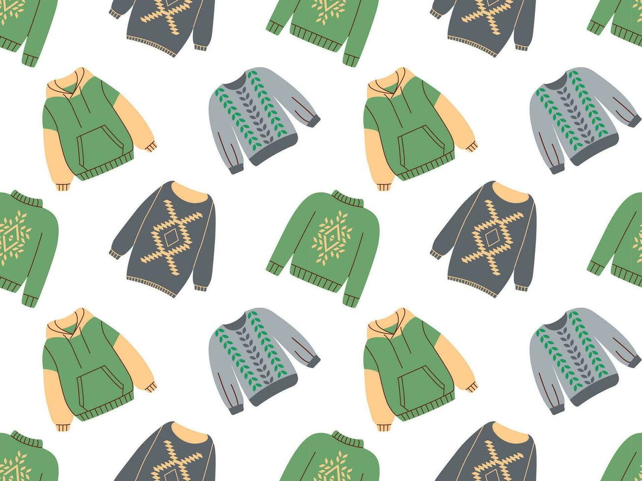 Seamless pattern of sweaters or jumpers isolated on white background. Collection of seasonal warm clothing with prints. Colorful vector illustration in flat cartoon style.