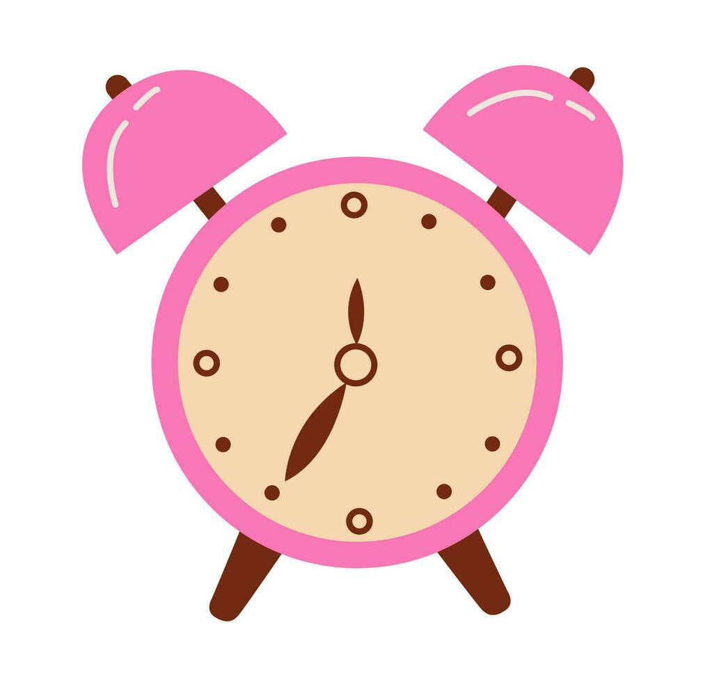 Retro style clock for waking up. Carton vintage timepiece with bells. Pink alarm clock flat vector illustration. Irritating morning wakeup reminder device.