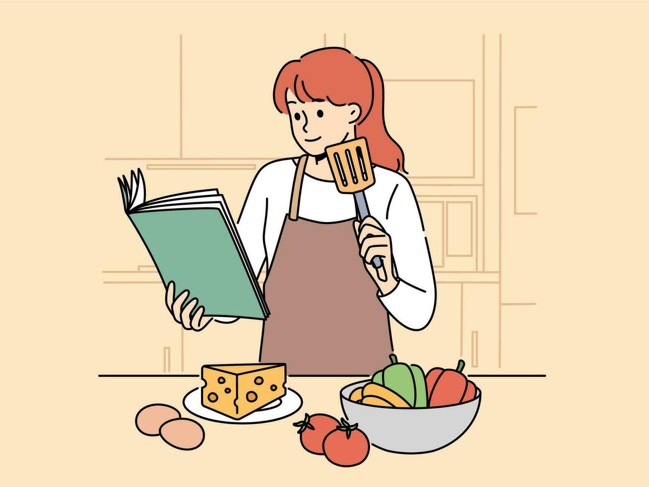 mujer con libro de cocina es en pie en cocina falto a cocinar delicioso cena y vegetales y queso con huevos. niña cocinar en delantal usos libro de cocina mientras preparando ensalada o aperitivos vector