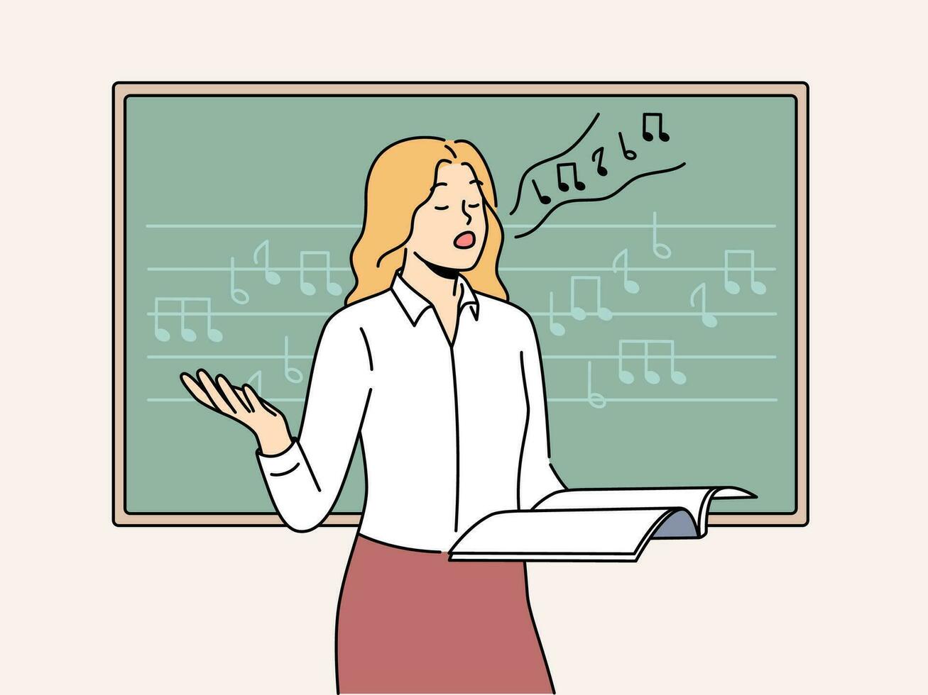 Woman vocalist sings standing near blackboard with notes and helping students develop voice. Girl holds magazine and sings wanting to become professional vocalist or audio composer vector