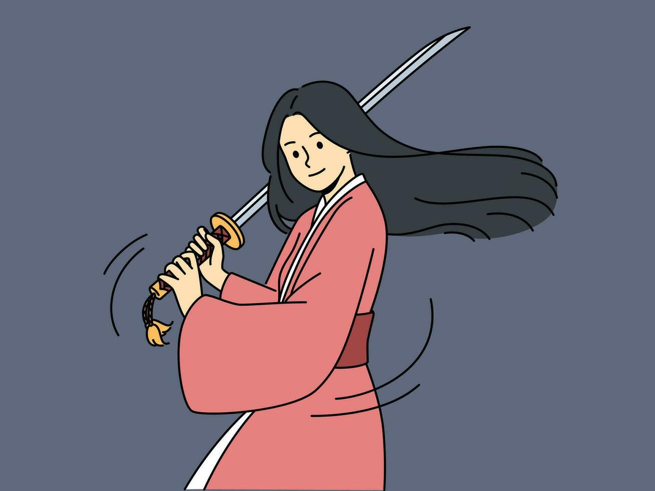 Woman samurai with katana knows asian martial arts and trains willing to compete. Long-haired samurai girl holding long sword is dressed in kimono for battles between japanese ninjas. vector
