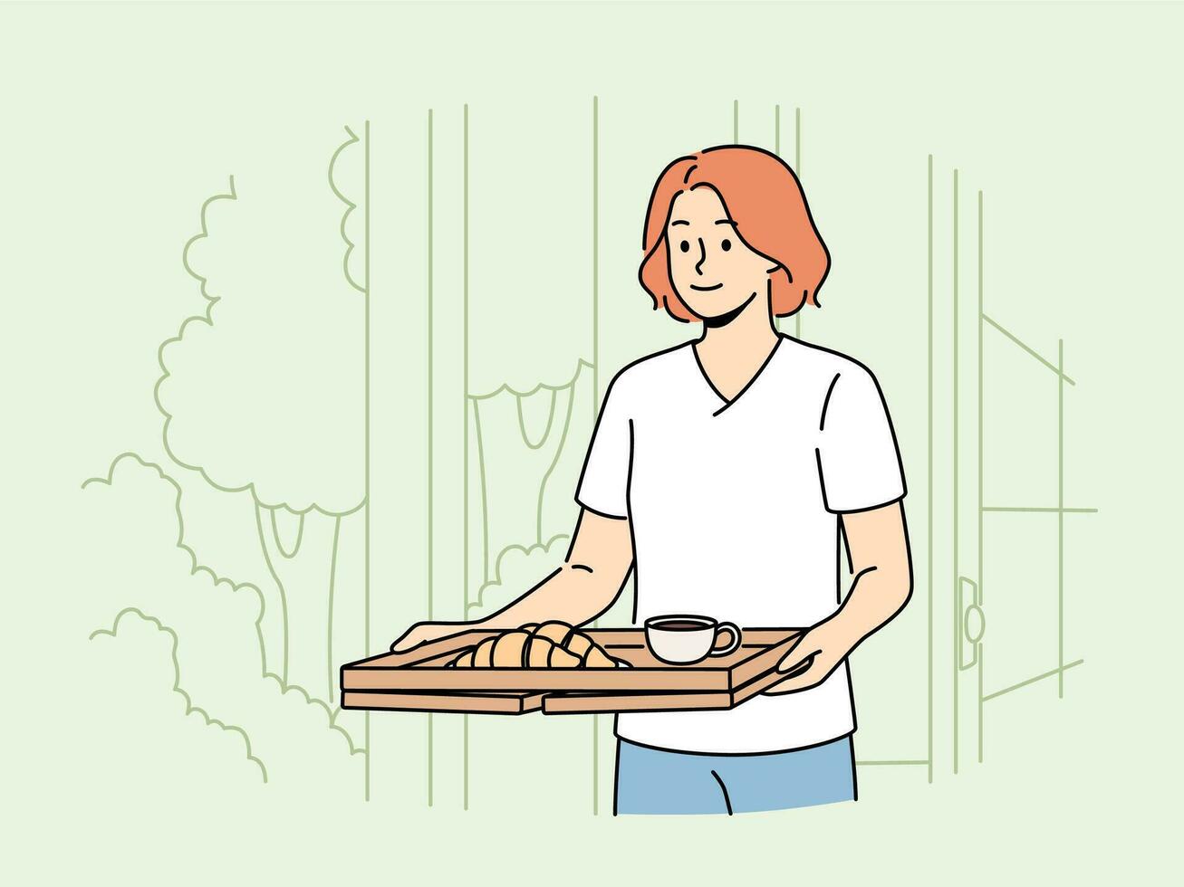 Woman wants to have breakfast in garden or in backyard of own house carries tray of hot tea and croissants. Happy girl carries delicious breakfast on tray to satisfy hunger before hard day at work. vector