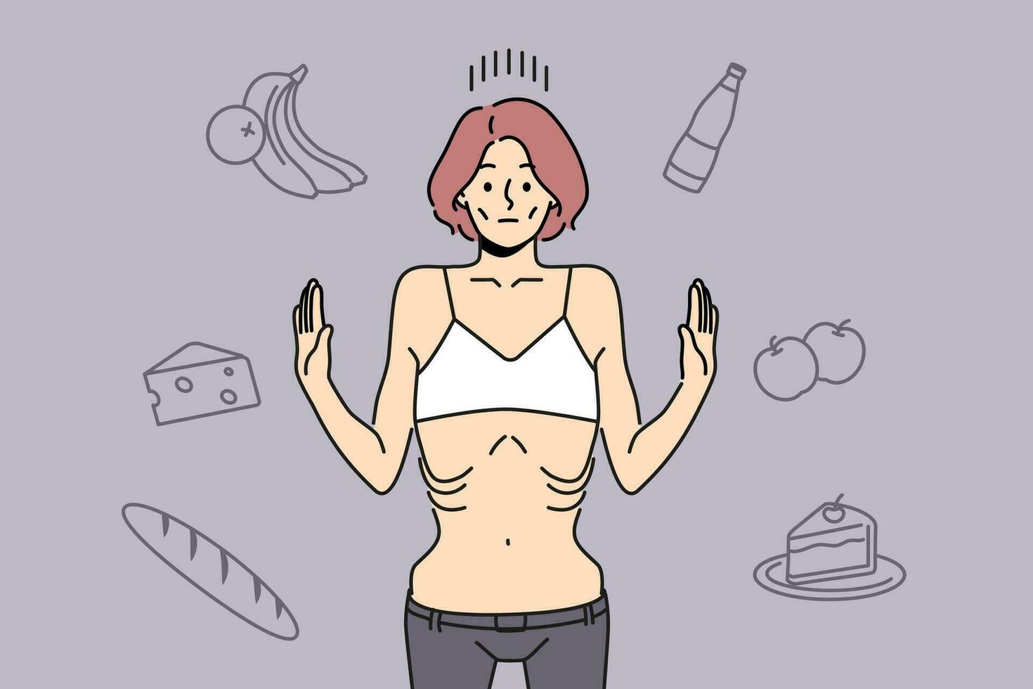 Skinny woman refuse eating suffer from anorexia. Unhealthy thin girl struggle with abnormal weight loss. Health problems. Vector illustration.