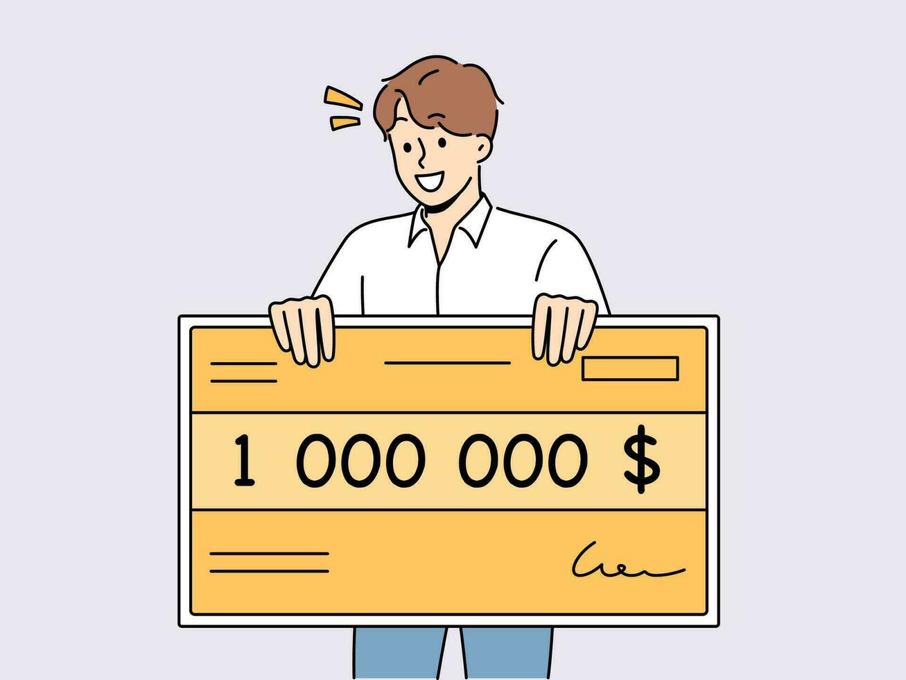 Happy man holding million dollar certificate rejoicing in winning lottery or casino. Lucky young guy with giant check for million dollars smiles after winning cash prize in competition. vector