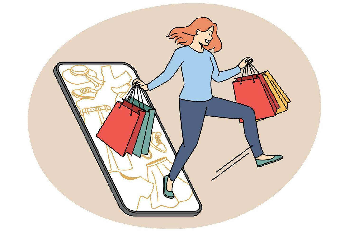 sonriente mujer compras en línea en teléfono inteligente vector