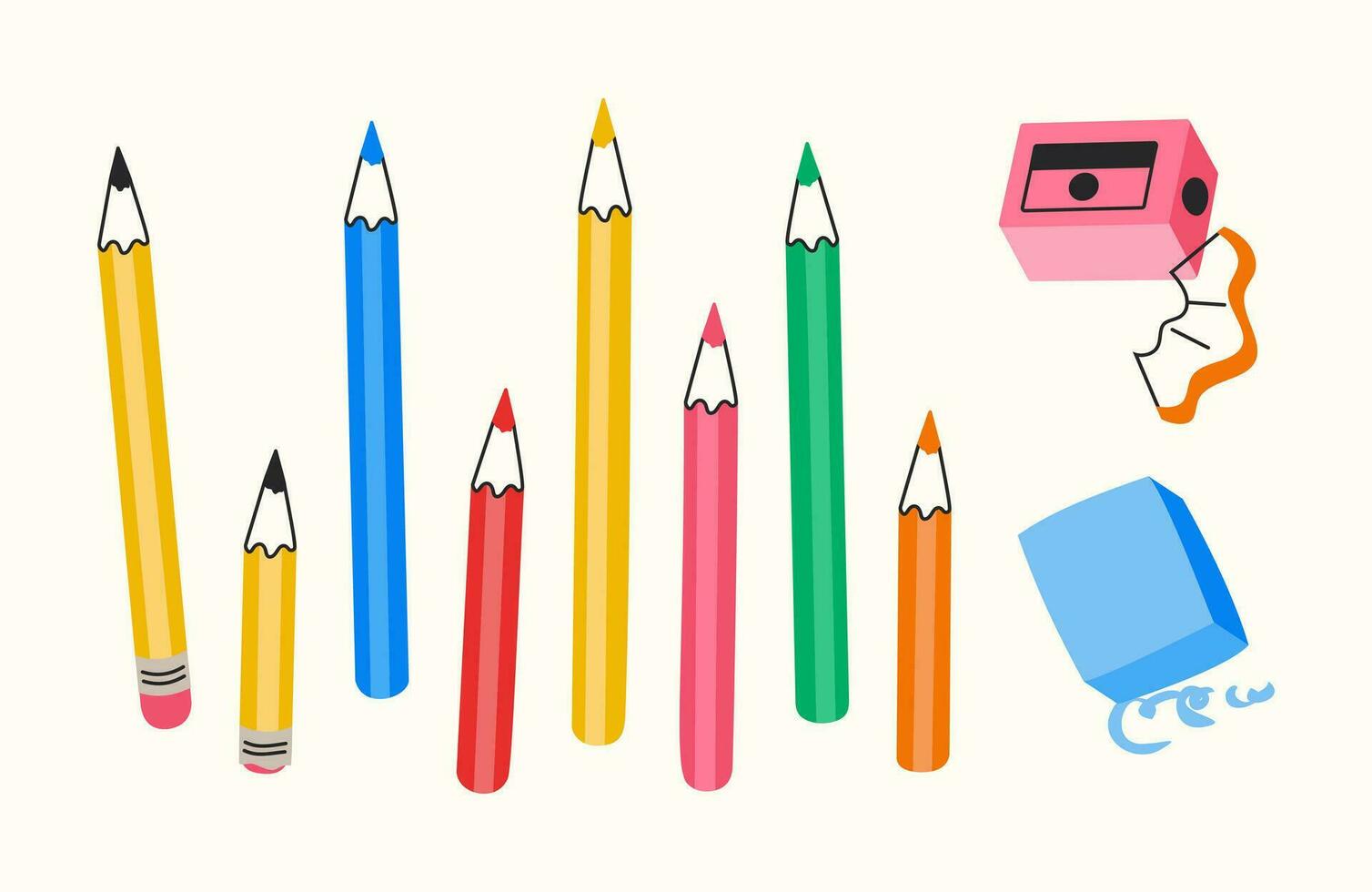 Color pencils set sharpener and eraser vector illustration