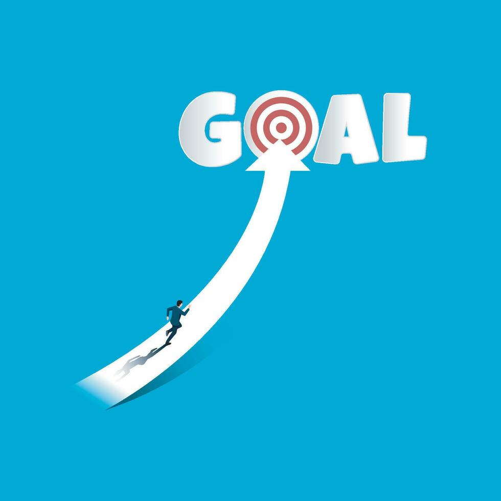 Businessman running on the upward arrow into the goal vector