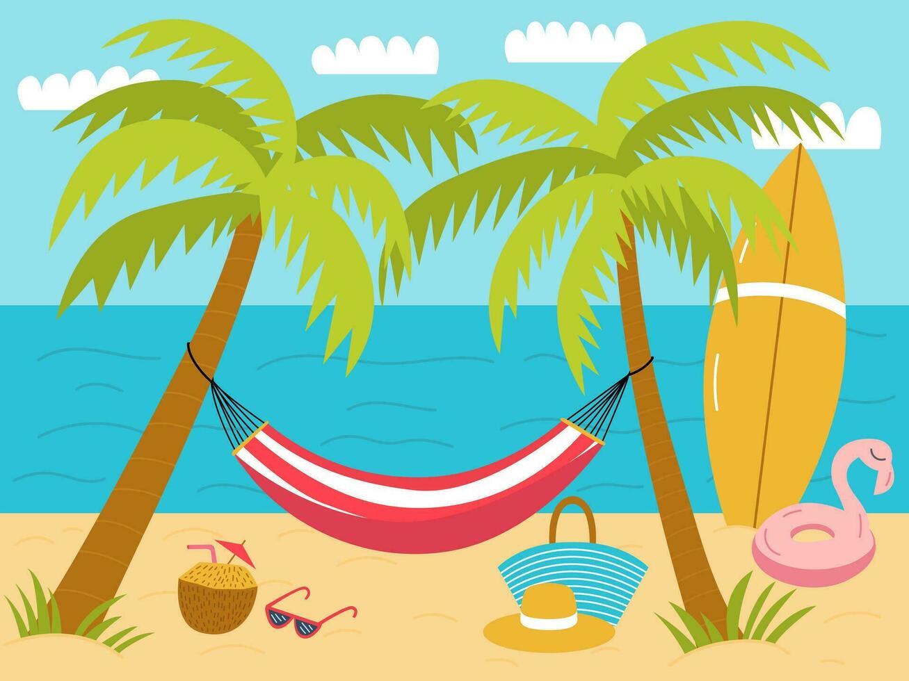 Vector beach with palms and hammock flat illustration. Flat sand beach landscape with surfboard, rubber ring and coconut cocktail