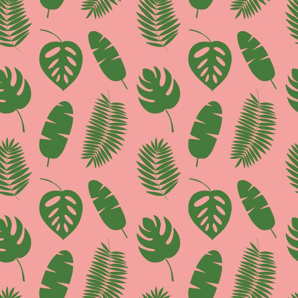 Vector tropical palm leaves seamless pattern. Monstera leaf and banana palm leaves on pink background