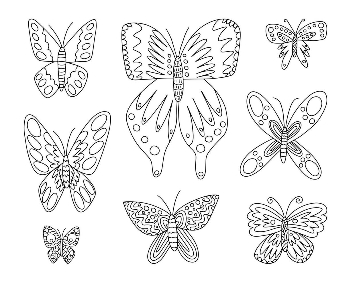 diferente tipos mariposas vector mano dibujado colocar. negro y blanco mariposas garabatear colocar. repollo, pavo real mariposa y púrpura emperador