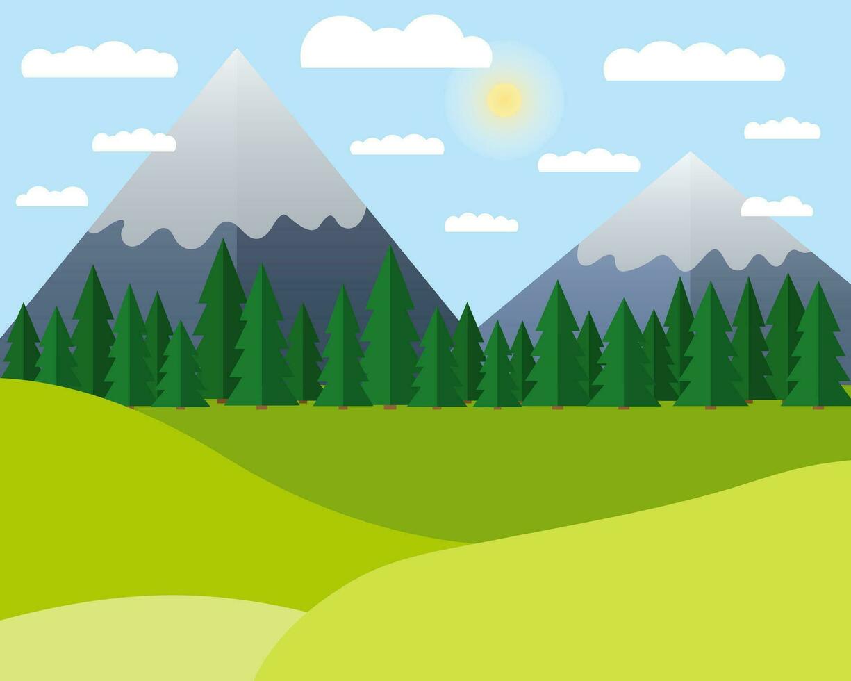 Vector summer mountains landscape in flat style. Flat hills and mountain woods vector illustration. Green fileds and trees