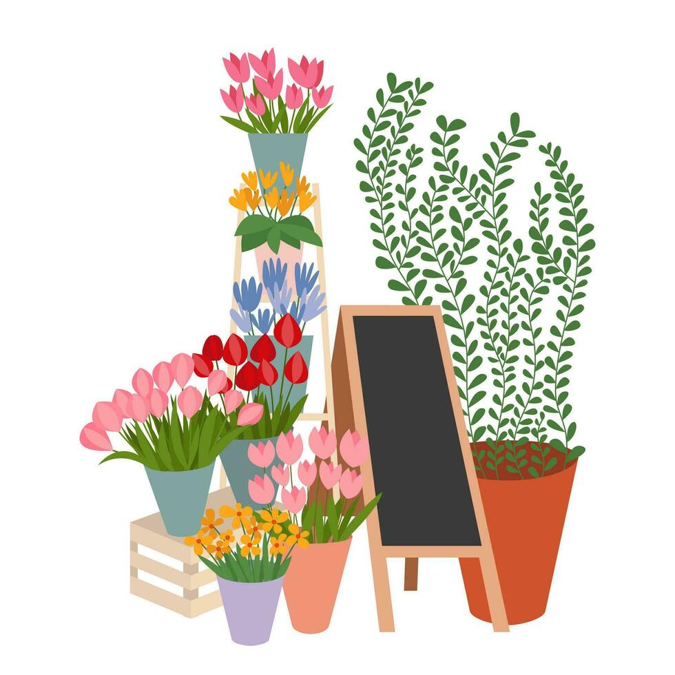 Different kinds flowers set with street chalkboard flat vector illustration. Flowers street shop composition