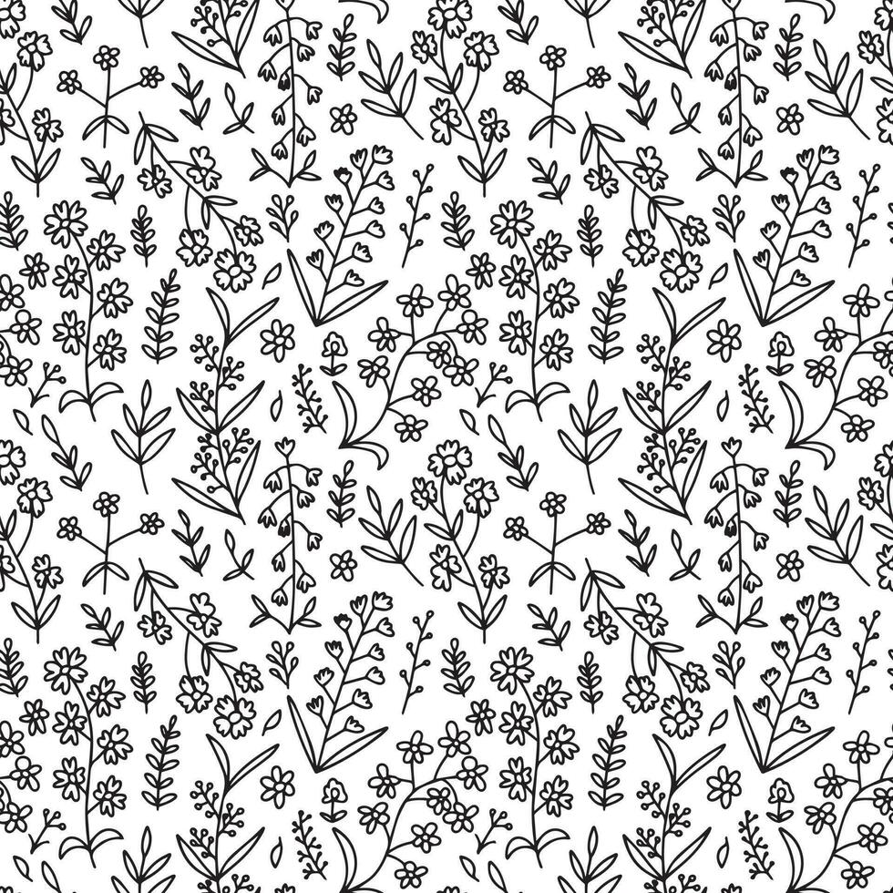 Doodle summer flowers seamless pattern. Vector mille fleur pattern on white background.