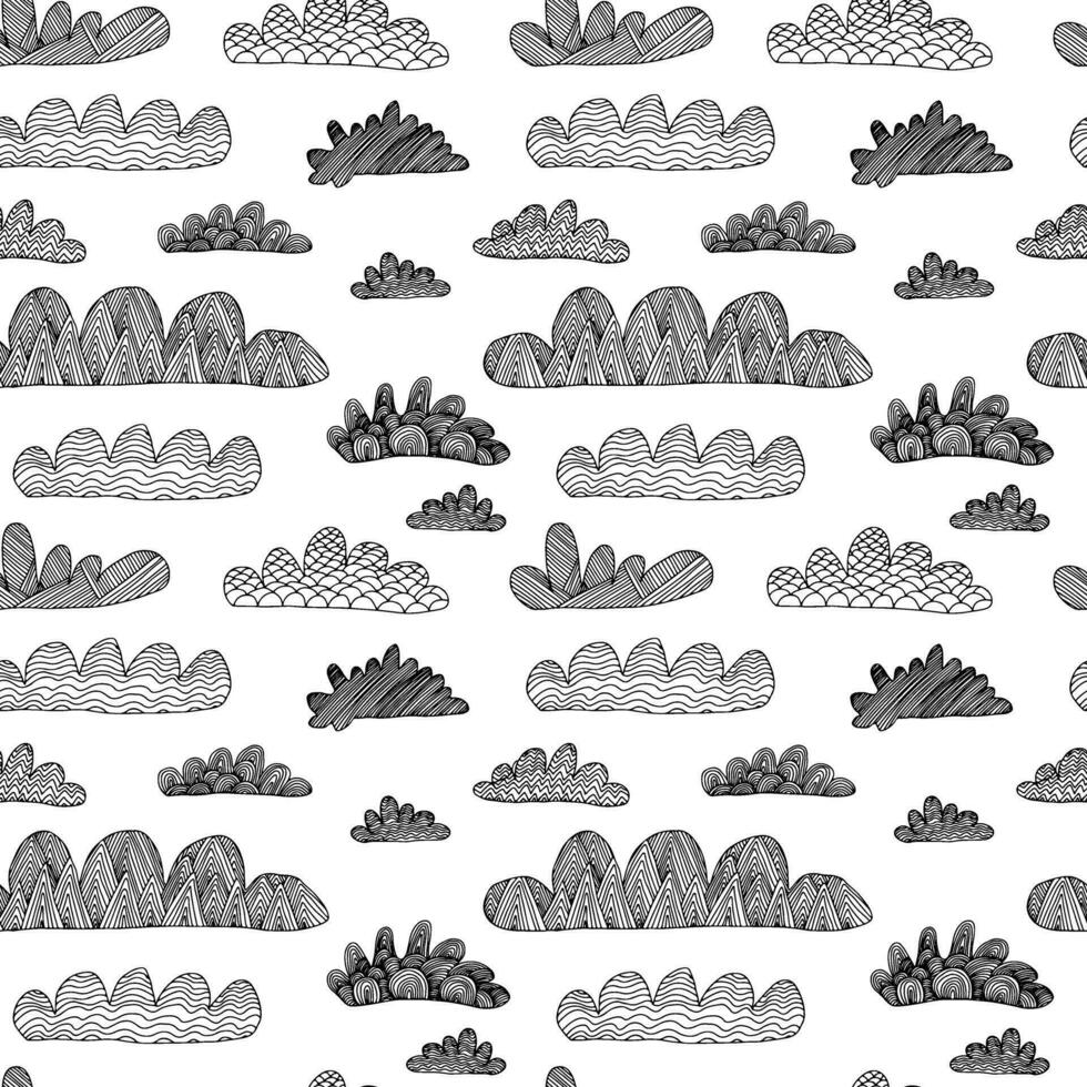 Vector doodle clouds seamless pattern. Hand drawn clouds with ornament background