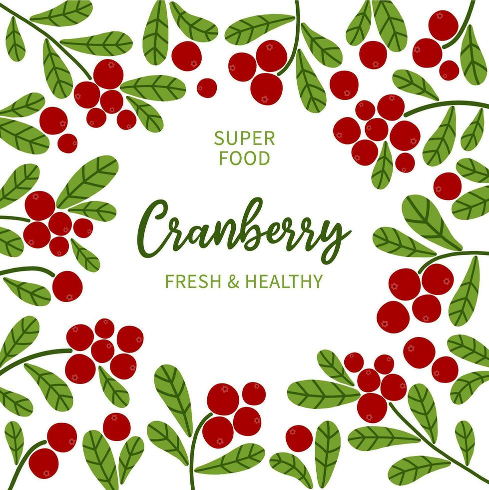 Cranberry frame. Round border with red wild berries and green leaves. Cartoon vector illustration on white background.