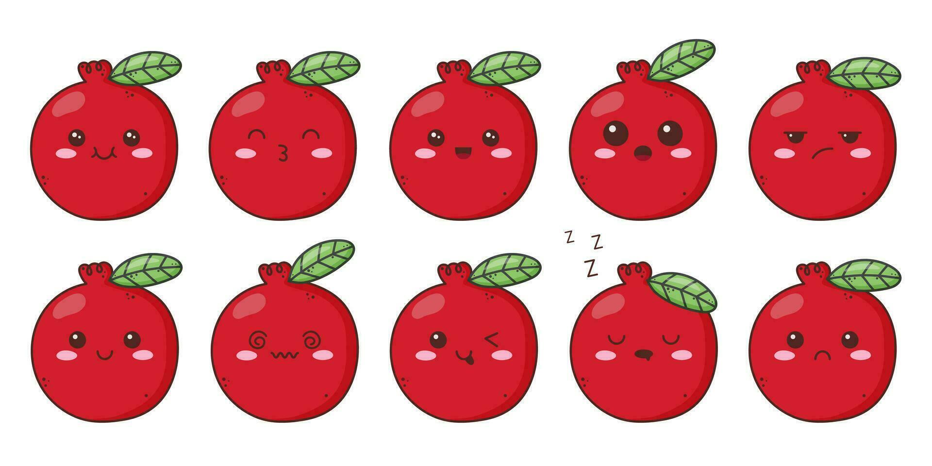 Set cute kawaii cranberry character with a funny emoji. Cartoon vector illustration.