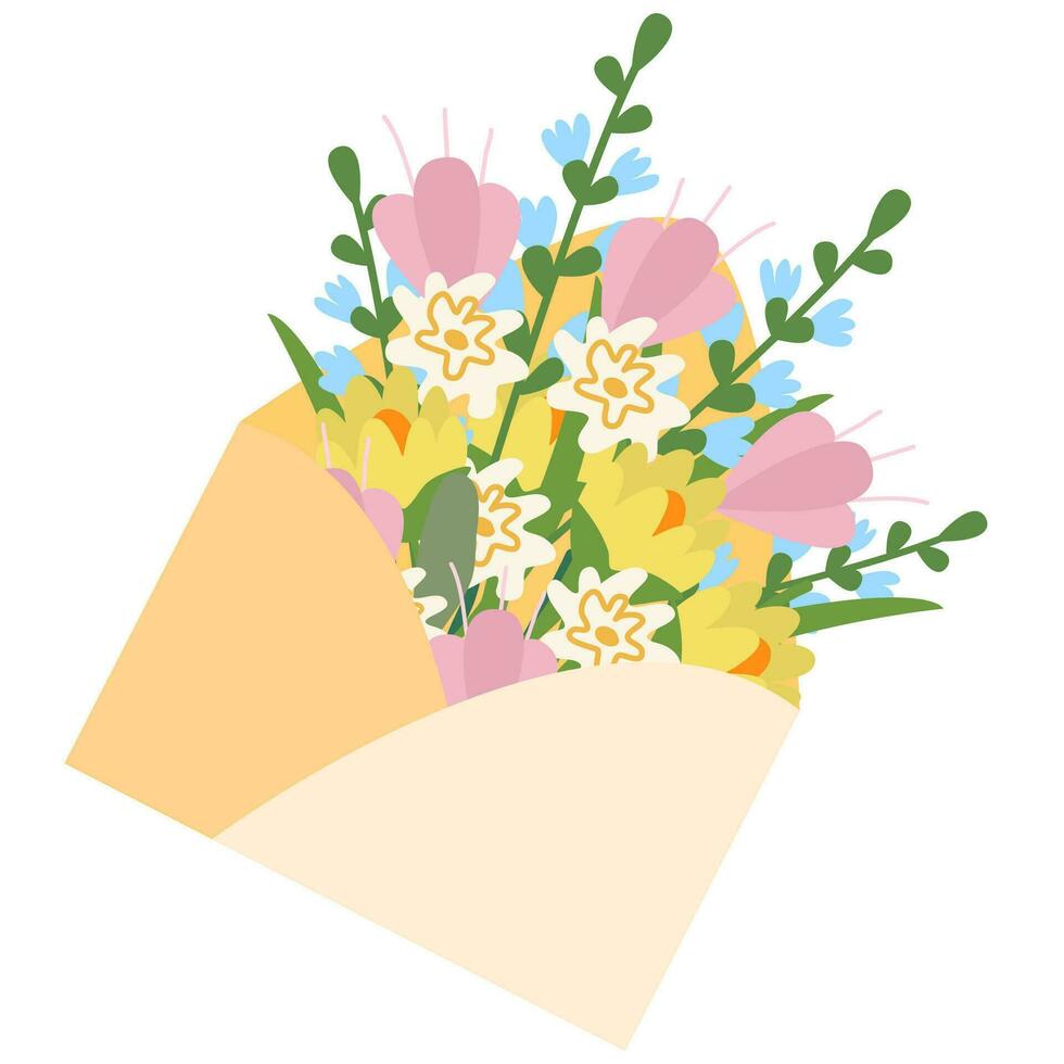 Bouquet of spring flowers inside the envelope .Envelope with flowers. Hand drawn vector greeting card.