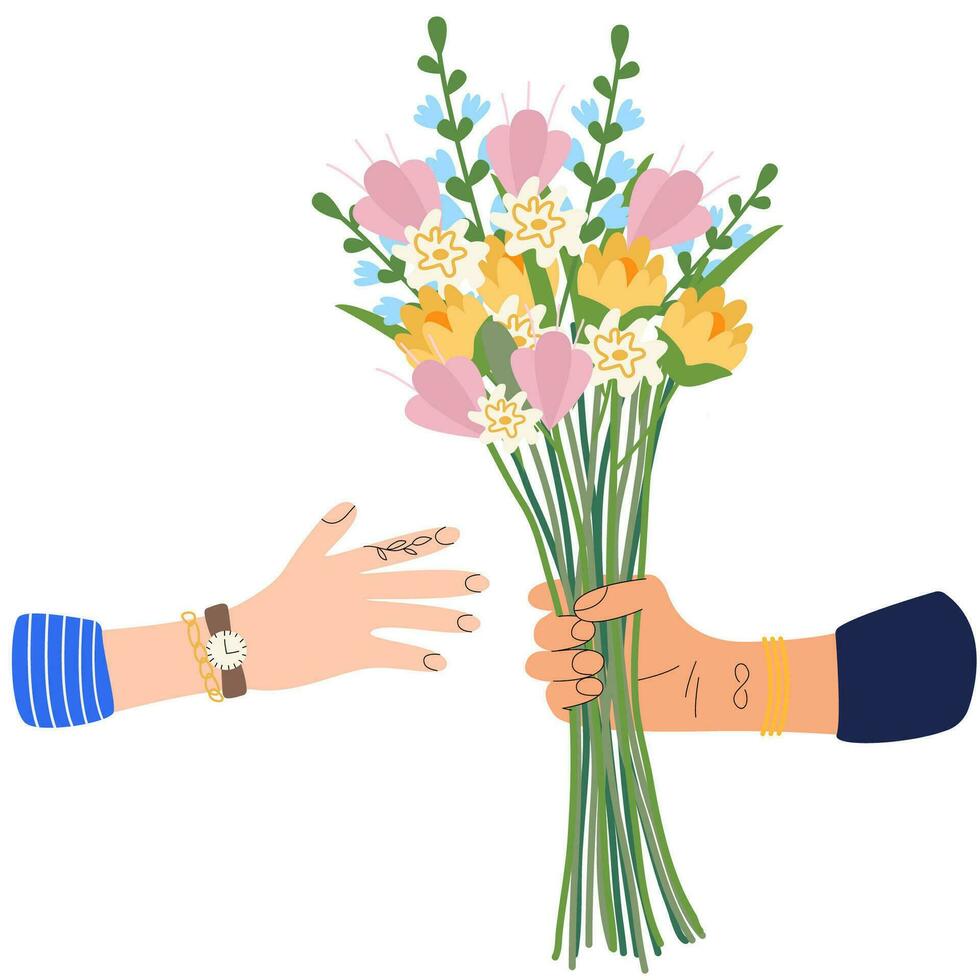Bouquet of flowers in hands. A hand Giving Flower Bouquet.Gift for Holiday, Romance Present, Anniversary or Birthday Celebration. vector