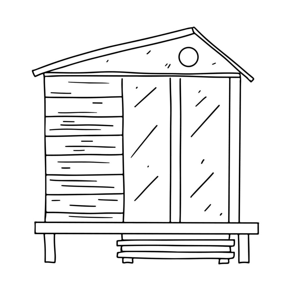 Beach hut or bungalow. Hand drawn doodle style. Vector illustration isolated on white. Coloring page.
