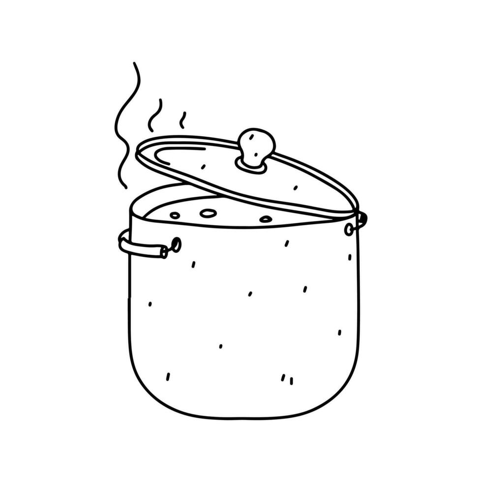 Hot pot with the meal inside. Hand drawn doodle style. Vector illustration isolated on white. Coloring page.
