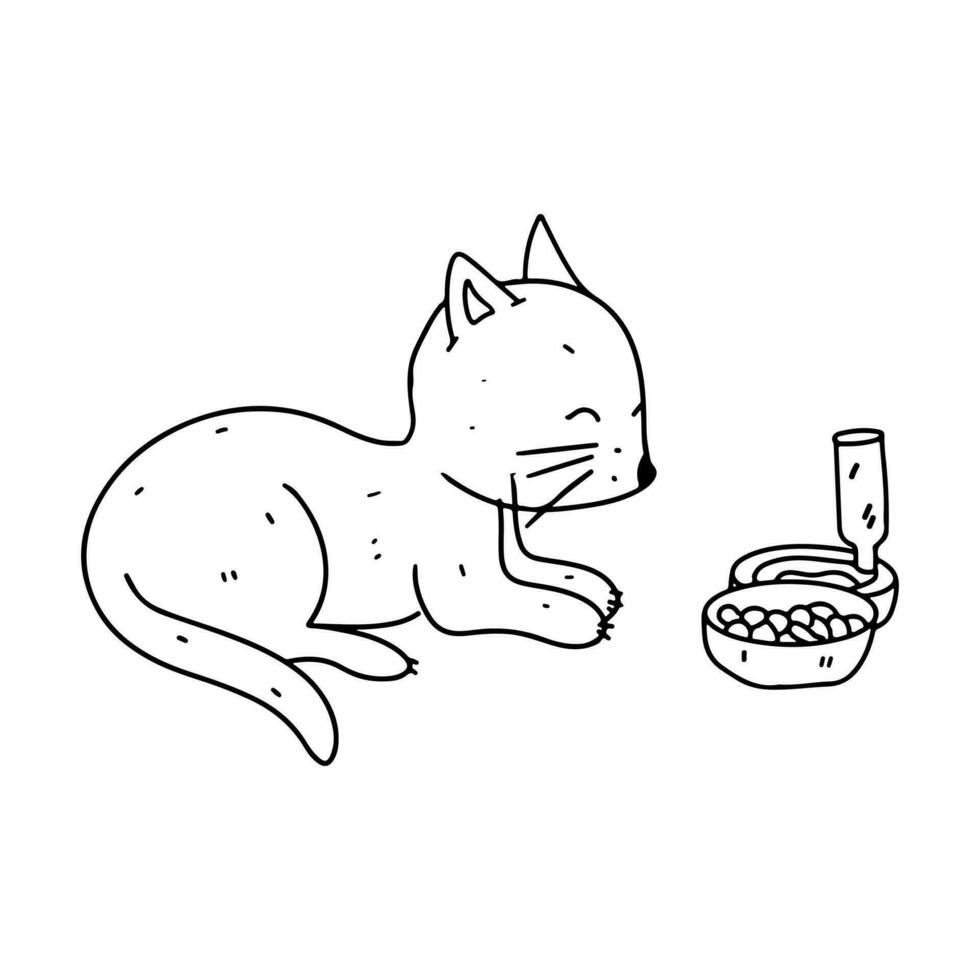 linda gatito preparando a comer. mano dibujado garabatear estilo. vector ilustración aislado en blanco. colorante página.