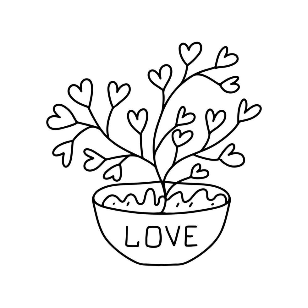 Hearted plant in a flowerpot. Hand drawn doodle style. Vector illustration isolated on white. Coloring page.