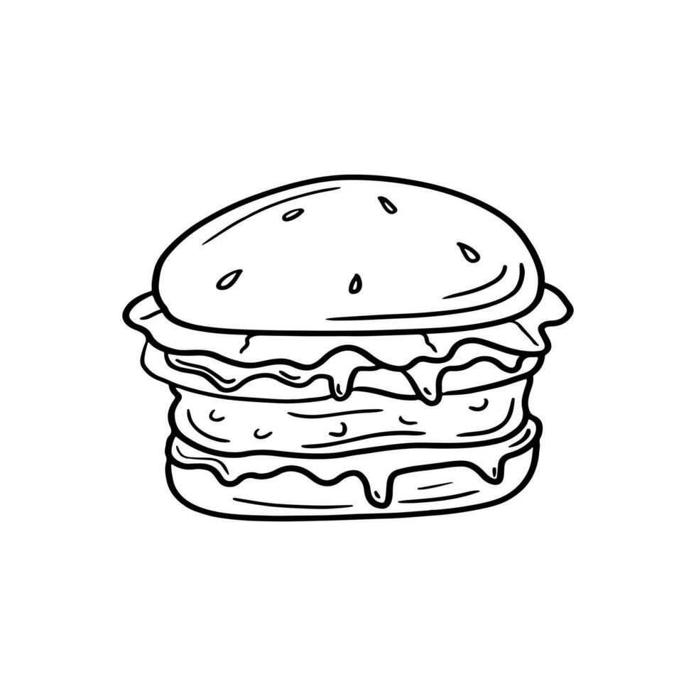 Burger. Hand drawn doodle style. Vector illustration isolated on white. Coloring page.