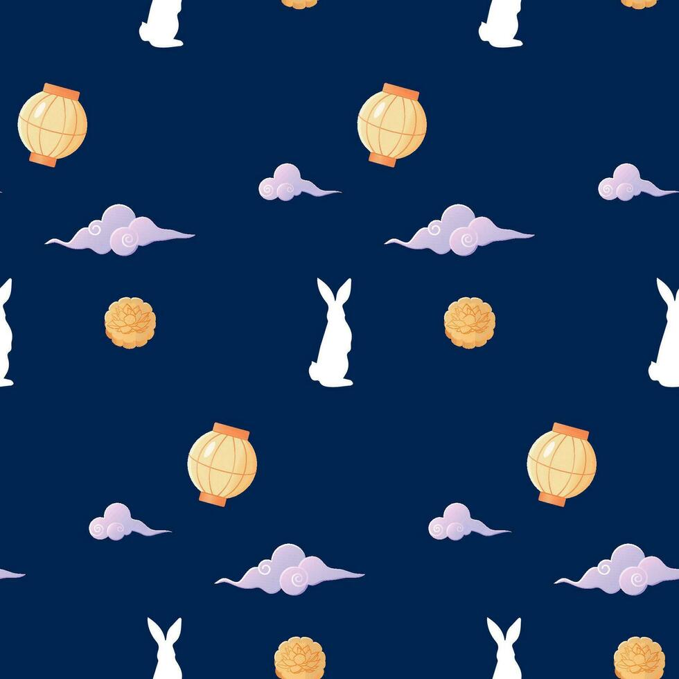 Seamless mid autumn festival pattern mooncake and bunny vector