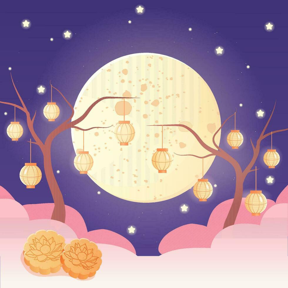 medio otoño festival, Luna y pastel y arboles en linternas vector
