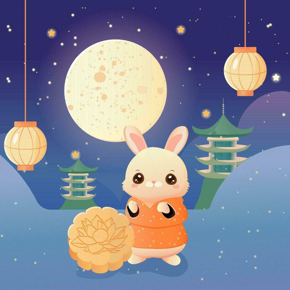 Rabbit, moon cake mid autumn festival pagodas vector