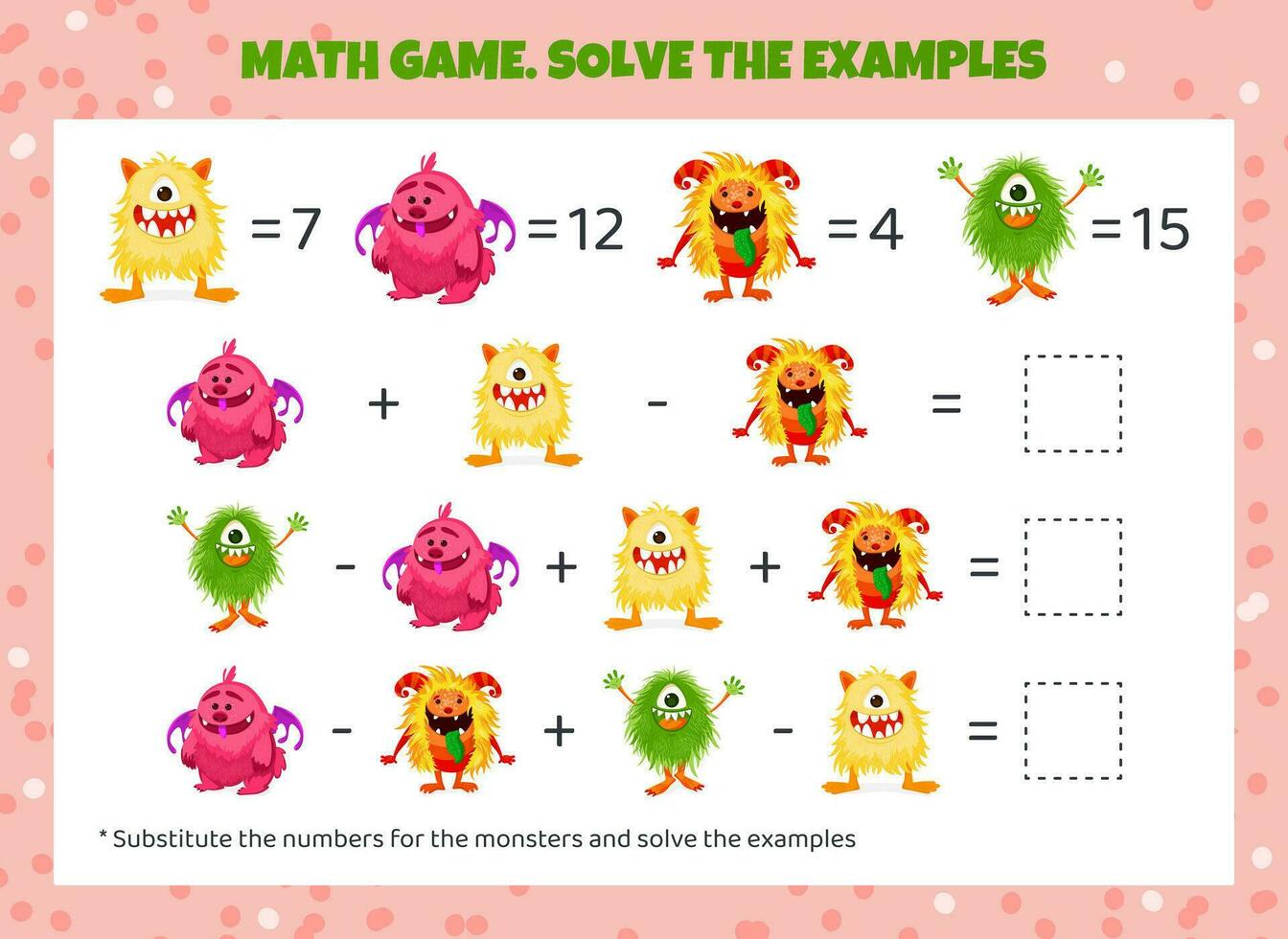 Math game for kids. Replace the monsters with numbers and solve the examples. Mathematical Worksheet for preschool children. Addition and subtraction. Vector illustration. Cartoon fluffy monsters.