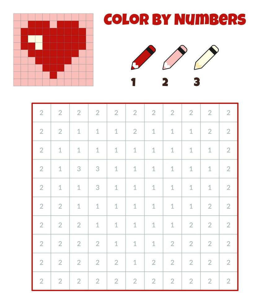 Color by numbers. Education game for children. Red heart. Coloring book with numbered squares. Pixel art. Graphic task for kids. vector