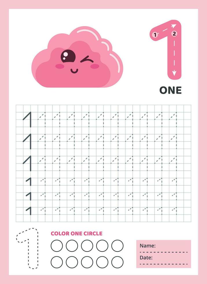 Numbers tracing practice. Writing number one. Tracing worksheet with four cute pink cloud. Printable graphic tasks for motor skills. Math game for children who learn to count and write. Vector. vector