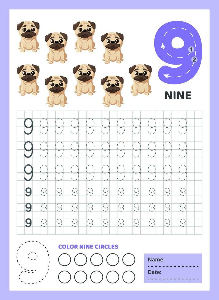 Numbers tracing practice. Writing number nine. Tracing worksheet with cute nine dogs. Printable graphic tasks for motor skills. Math game for children who learn to count and write. Vector. vector