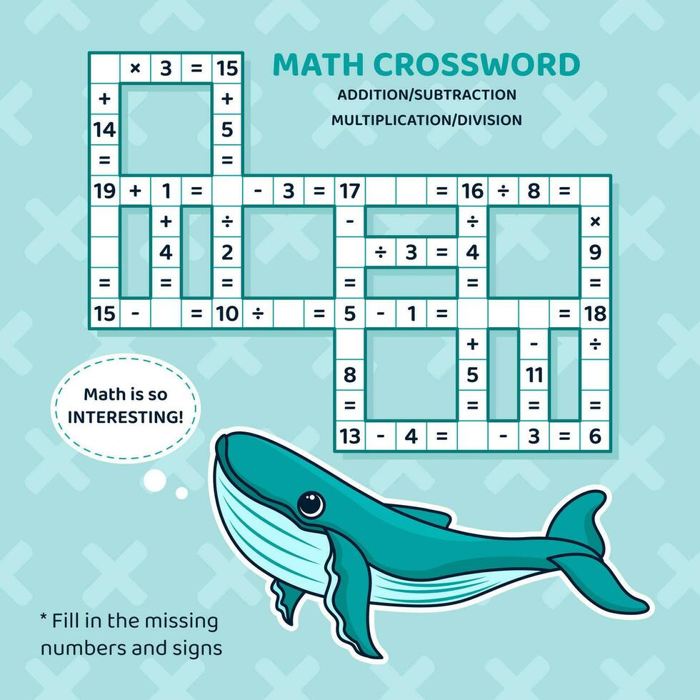 Math Crossword puzzle for children. Addition, subtraction, multiplication and division. Counting up to 20. Vector illustration. Crossword game with cartoon whale. Task, education material for kids.