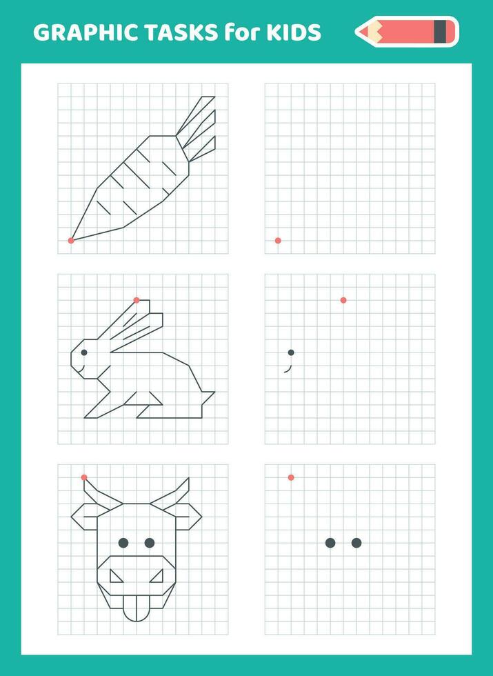 Drawing by cells. Educational game for preschool children. Worksheets for practicing logic and motor skills. Game for children. Graphic tasks with different objects and elements. Vector illustration