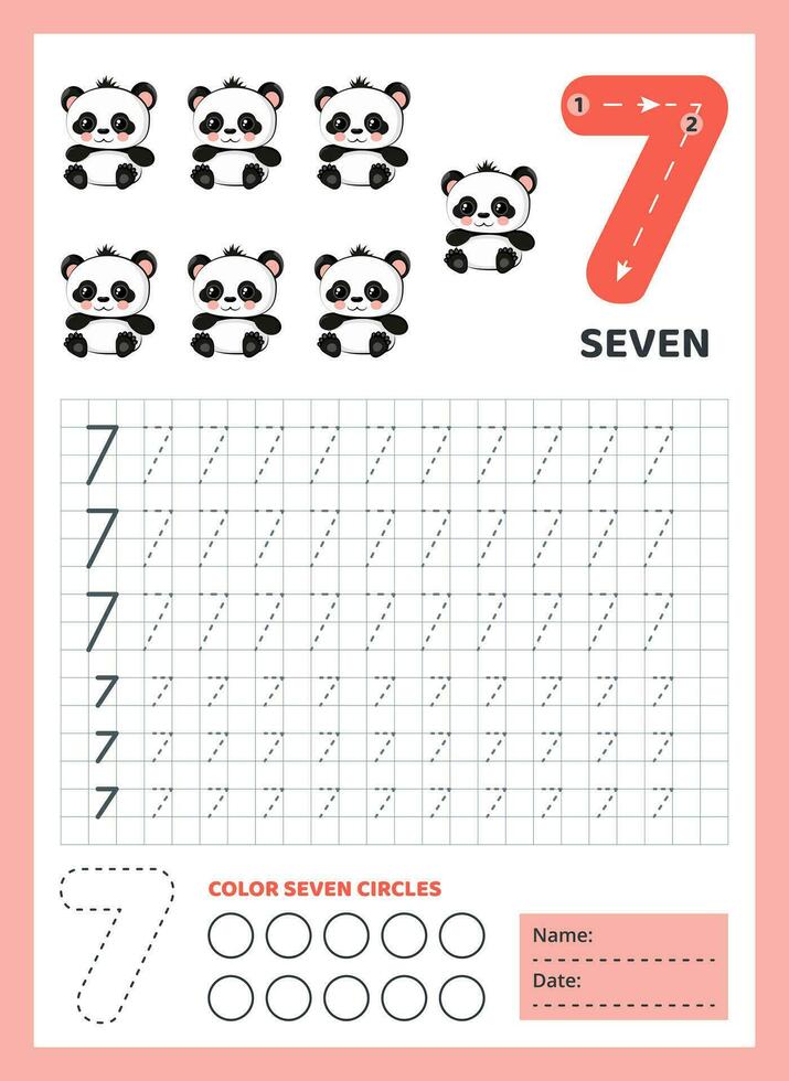 Numbers tracing practice. Writing number seven. Tracing worksheet with cute seven pandas. Printable graphic tasks for motor skills. Math game for children who learn to count and write. Vector. vector