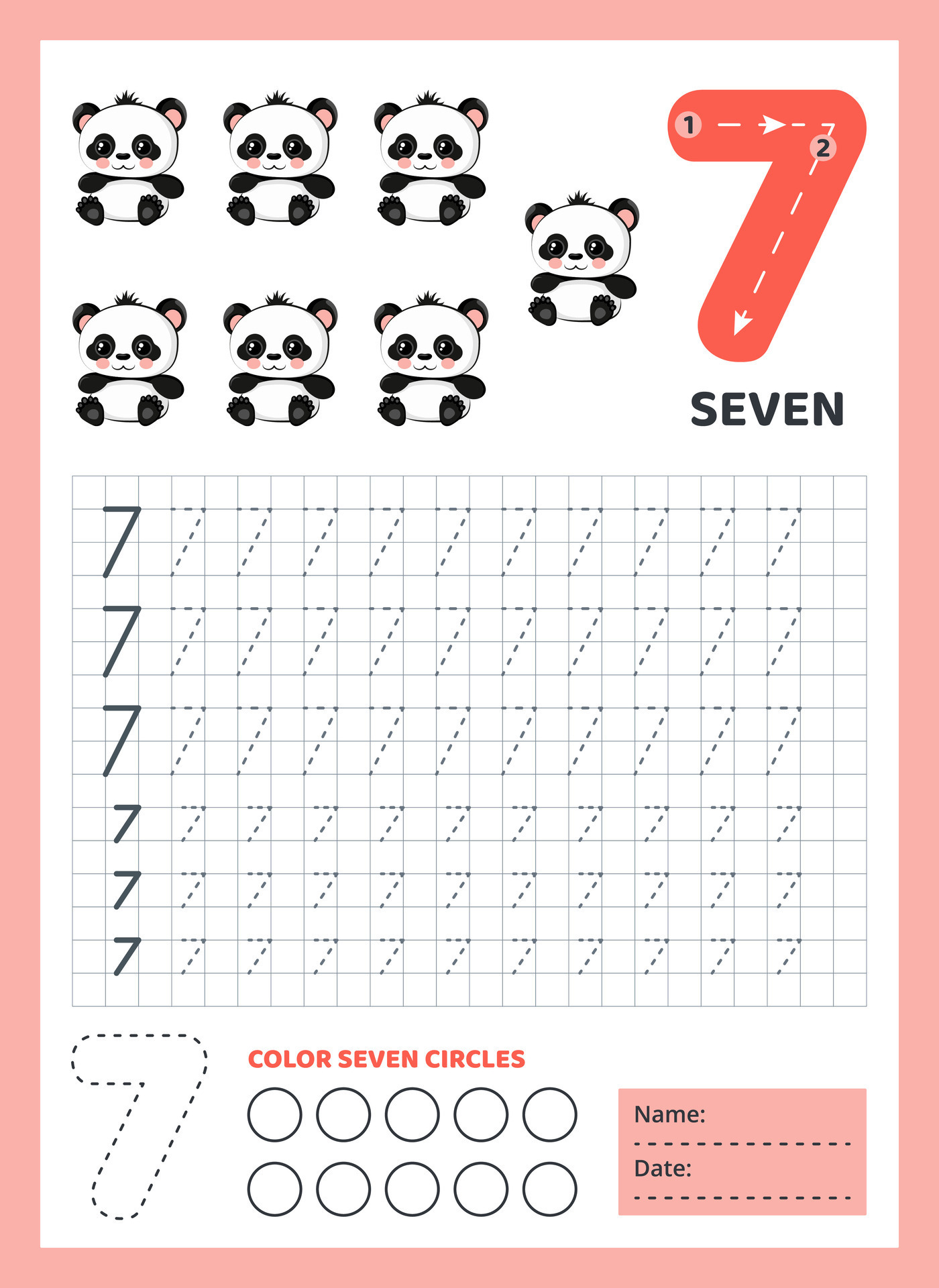 Numbers tracing practice writing number seven tracing worksheet with