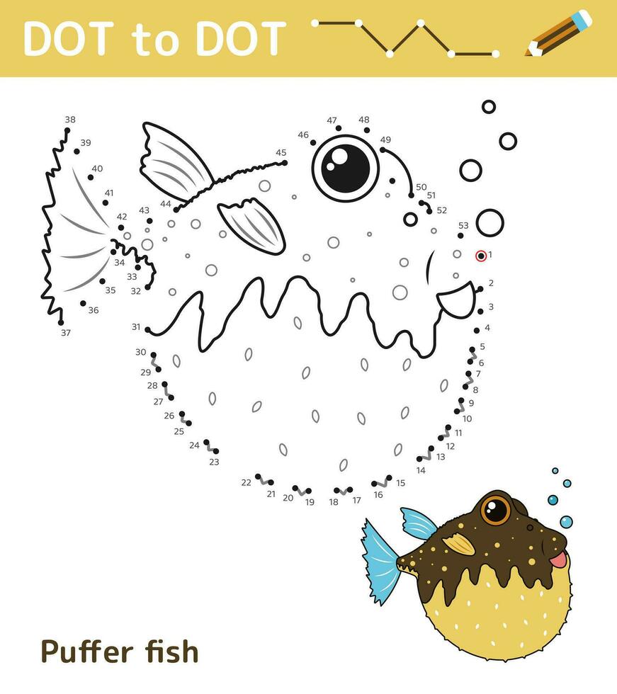 Dot to dot. Numbers game. Education math game for children. Drawing task for kids. Colored worksheet with cute puffer fish. Leisure games. Vector illustration.