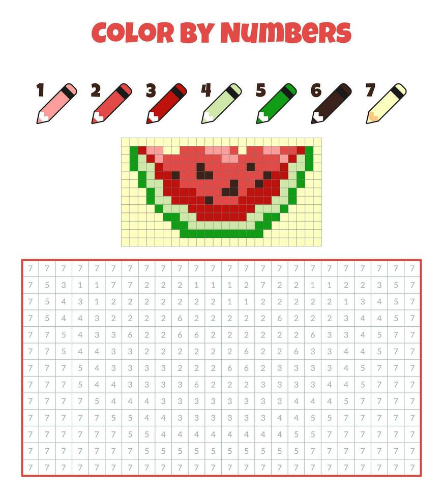 color por números. educación juego para niños. fruta, baya, sandía. colorante libro con numerado cuadrícula. píxel Arte. gráfico tarea para niños. vector