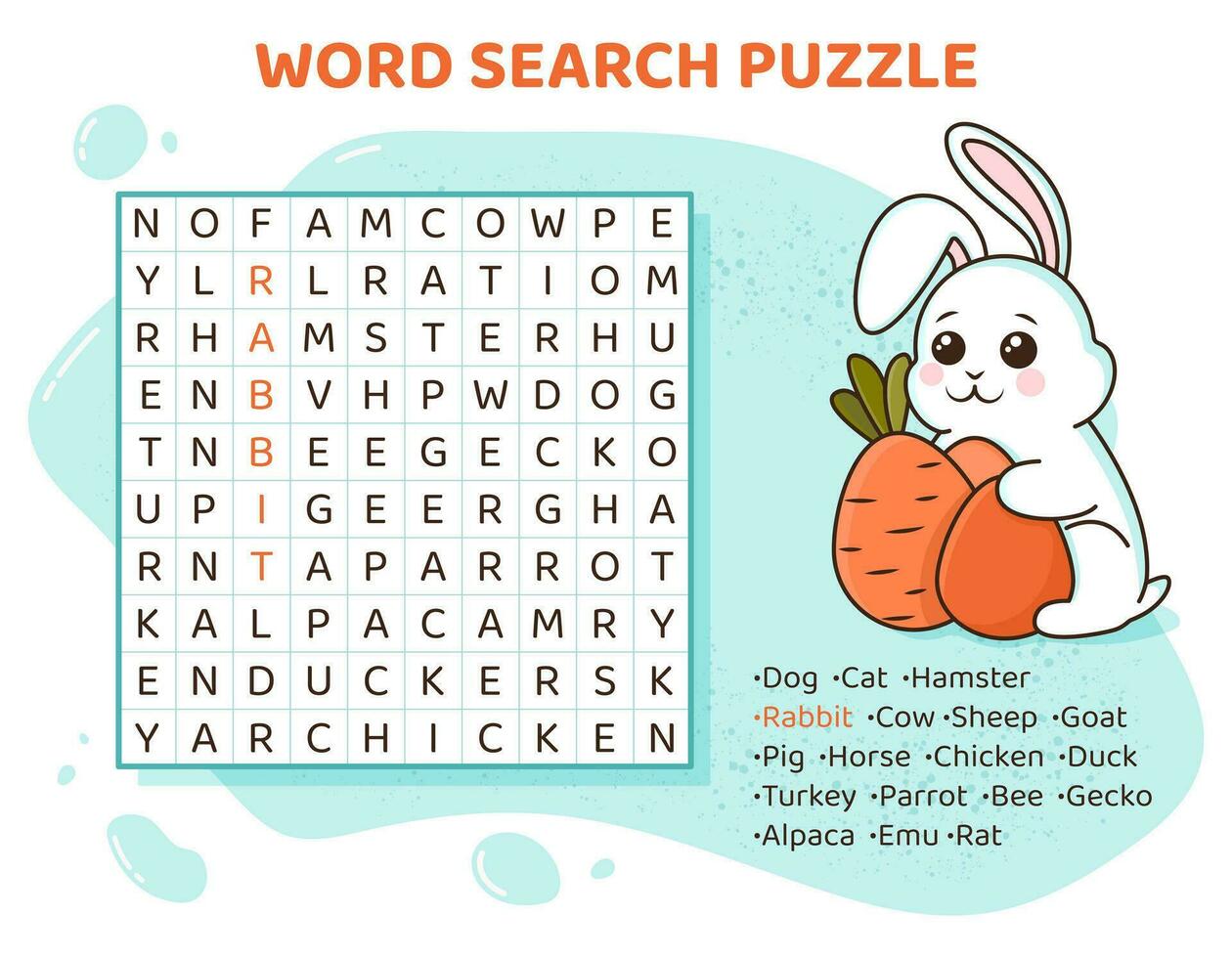Word search puzzle with domestic animals and pets . Education game for children. Crossword for Learning English language. Cartoon spelling puzzle. Test for kids. . Vector illustration.