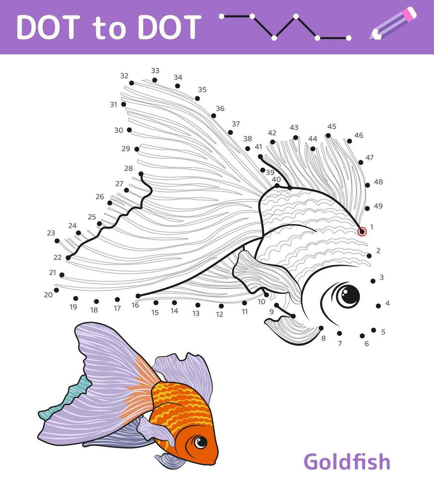 Dot to dot. Numbers game. Education math game for children. Drawing task for kids. Colored worksheet with cute goldfish. Leisure games. Vector illustration.