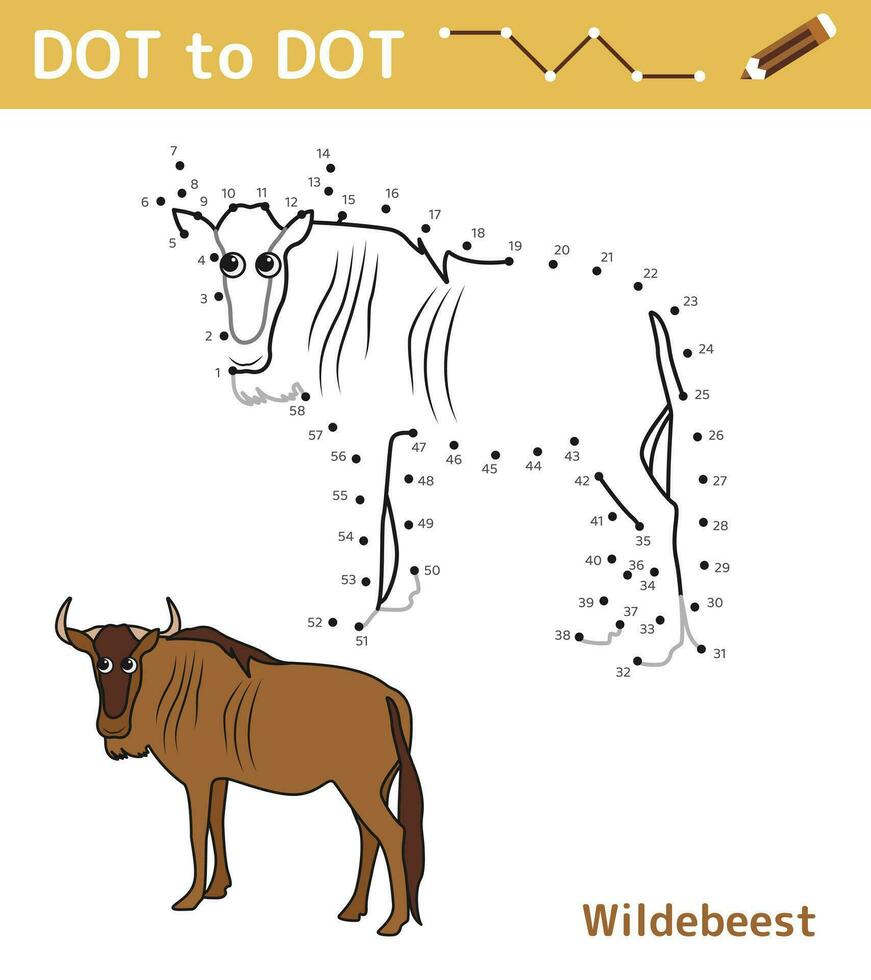 Dot to dot. Numbers game. Education math game for children. Drawing task for kids. Colored worksheet with cute wildebeest. Leisure games. Vector illustration.
